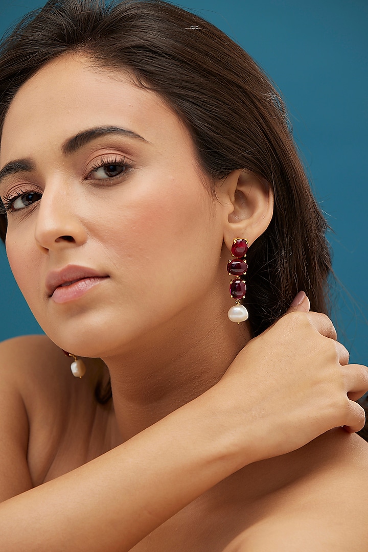 Gold Rhodium Plated Freshwater Pearl & Ruby Cabochon Stone Dangler Earrings In Sterling Silver by Mirelle at Pernia's Pop Up Shop