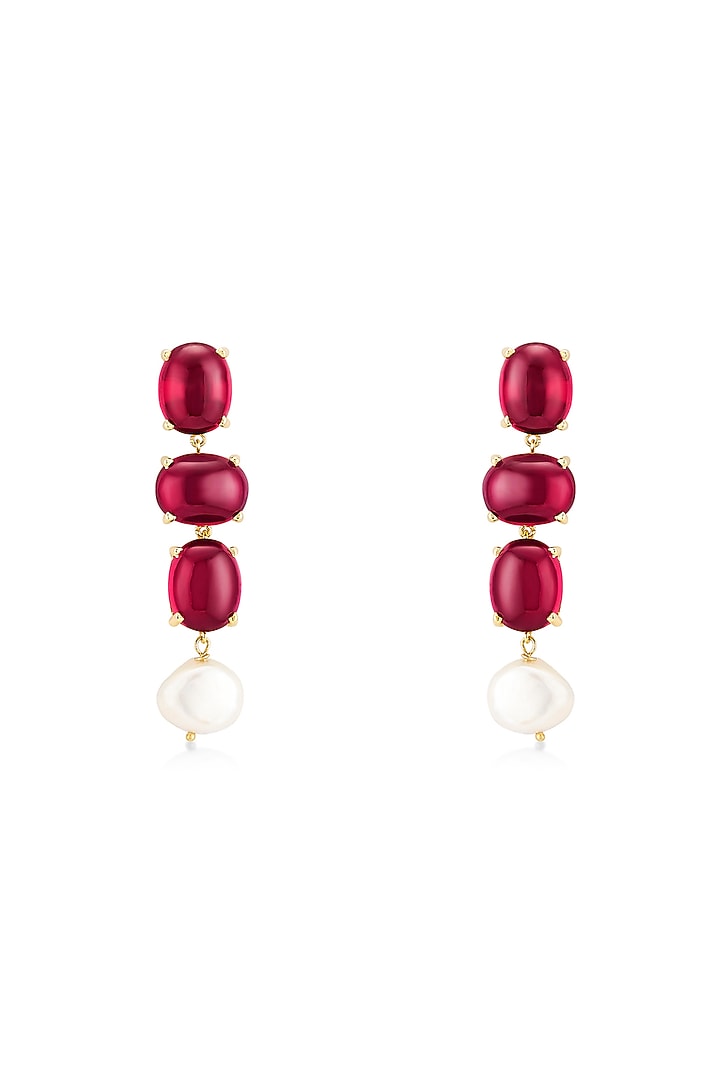 Gold Rhodium Plated Freshwater Pearl & Ruby Cabochon Stone Dangler Earrings In Sterling Silver by Mirelle at Pernia's Pop Up Shop