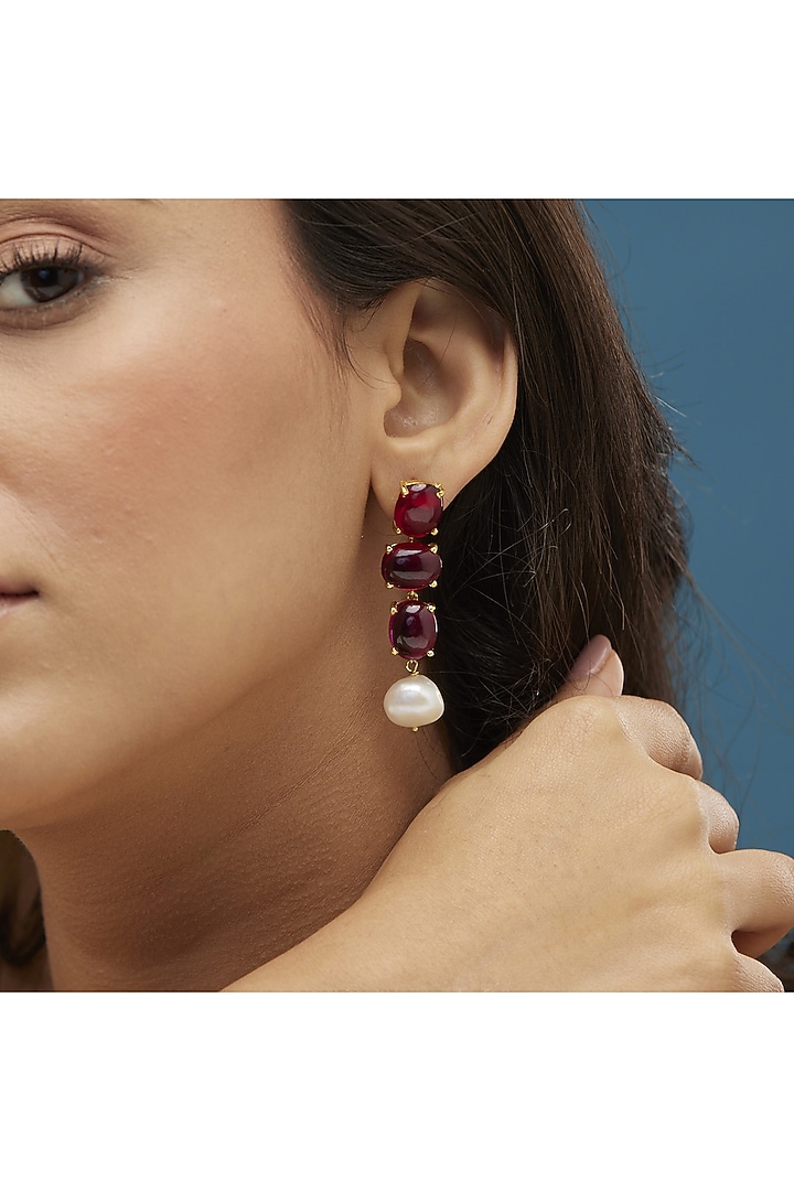 Gold Rhodium Plated Freshwater Pearl & Ruby Cabochon Stone Dangler Earrings In Sterling Silver by Mirelle at Pernia's Pop Up Shop