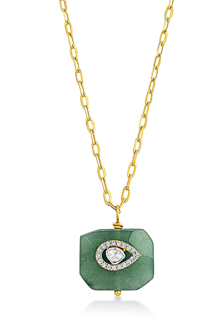 Yellow Gold Plated Green Jade & Zircon Pendant Necklace In Sterling Silver by Mirelle at Pernia's Pop Up Shop