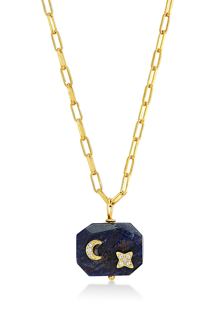 Yellow Gold Plated Lapis Lazuli & Zircon Pendant Necklace In Sterling Silver by Mirelle at Pernia's Pop Up Shop
