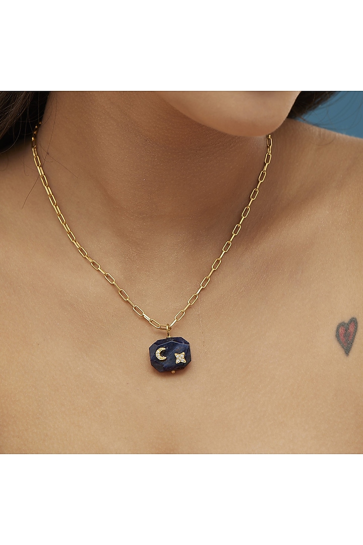 Yellow Gold Plated Lapis Lazuli & Zircon Pendant Necklace In Sterling Silver by Mirelle at Pernia's Pop Up Shop
