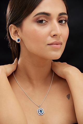White Finish Zircon & Blue Sapphire Stone Pendant Necklace Set In Sterling Silver by Mirelle