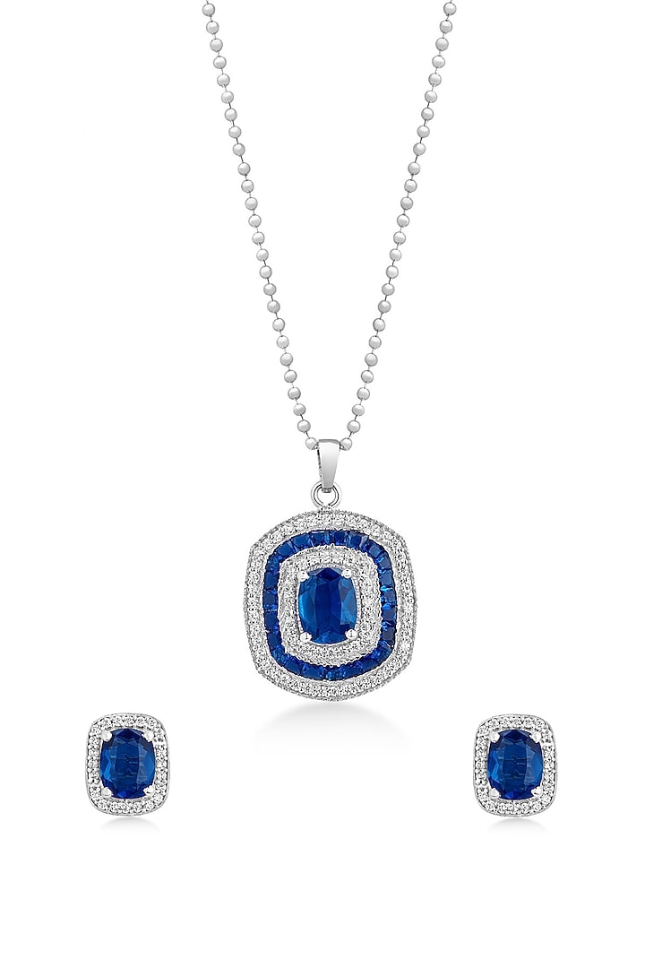 White Finish Zircon & Blue Sapphire Stone Pendant Necklace Set In Sterling Silver by Mirelle at Pernia's Pop Up Shop