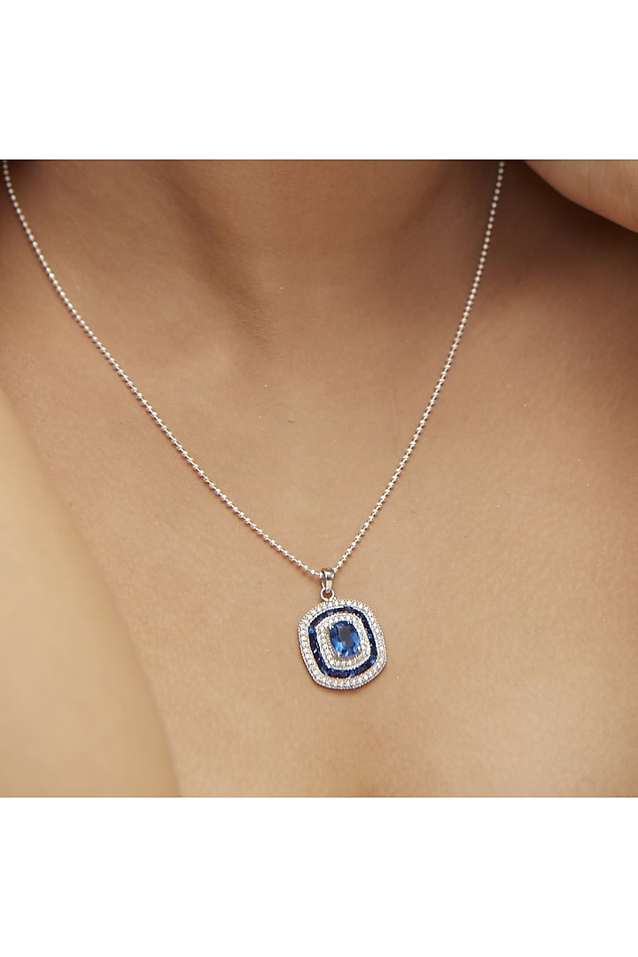 White Finish Zircon & Blue Sapphire Stone Pendant Necklace Set In Sterling Silver by Mirelle at Pernia's Pop Up Shop