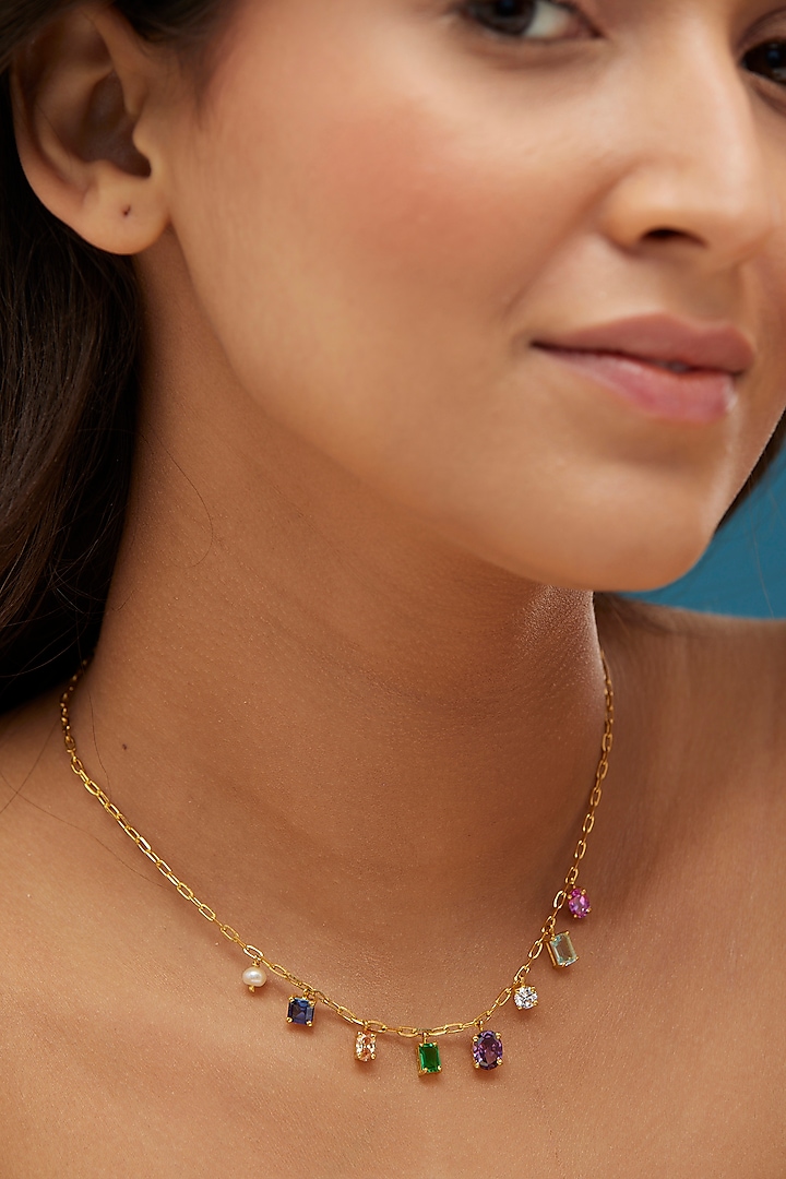 Gold Plated Multi-Colored Stone & Cubic Zirconia Necklace by Mirelle at Pernia's Pop Up Shop