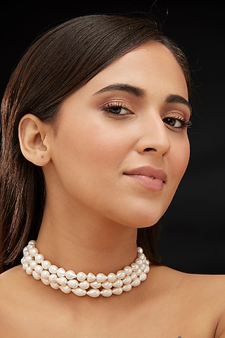 Gold Rhodium Plated Freshwater Pearl Choker Necklace In Sterling Silver by Mirelle