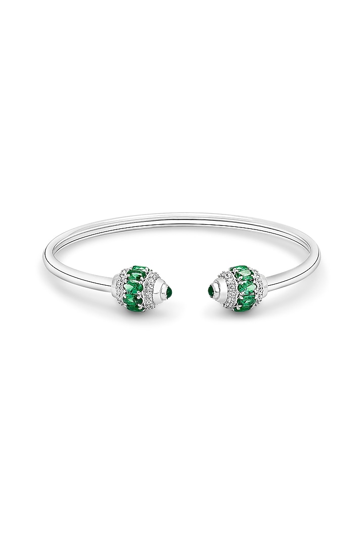 White Finish Zircon & Emerald Synthetic Stone Cuff Bracelet In Sterling Silver by Mirelle at Pernia's Pop Up Shop