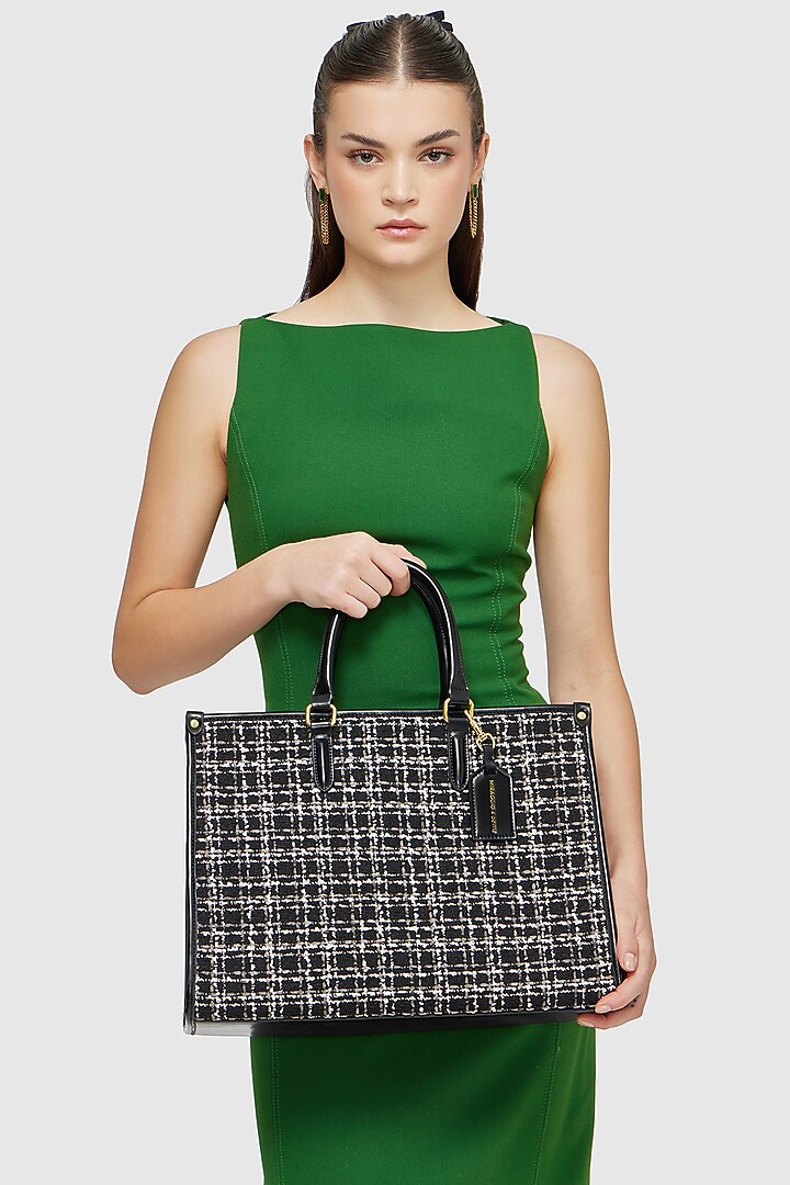 Black Tweed & Faux Leather Denice Tote Bag by Miraggio at Pernia's Pop Up Shop