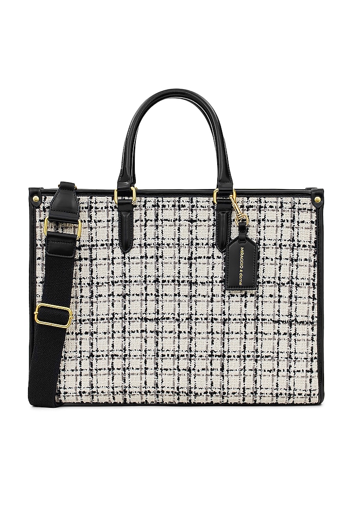 White Tweed & Faux Leather Denice Tote Bag by Miraggio at Pernia's Pop Up Shop