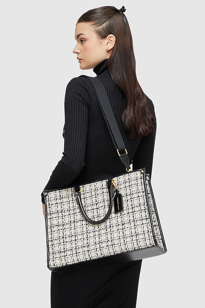 White Tweed & Faux Leather Denice Tote Bag by Miraggio at Pernia's Pop Up Shop