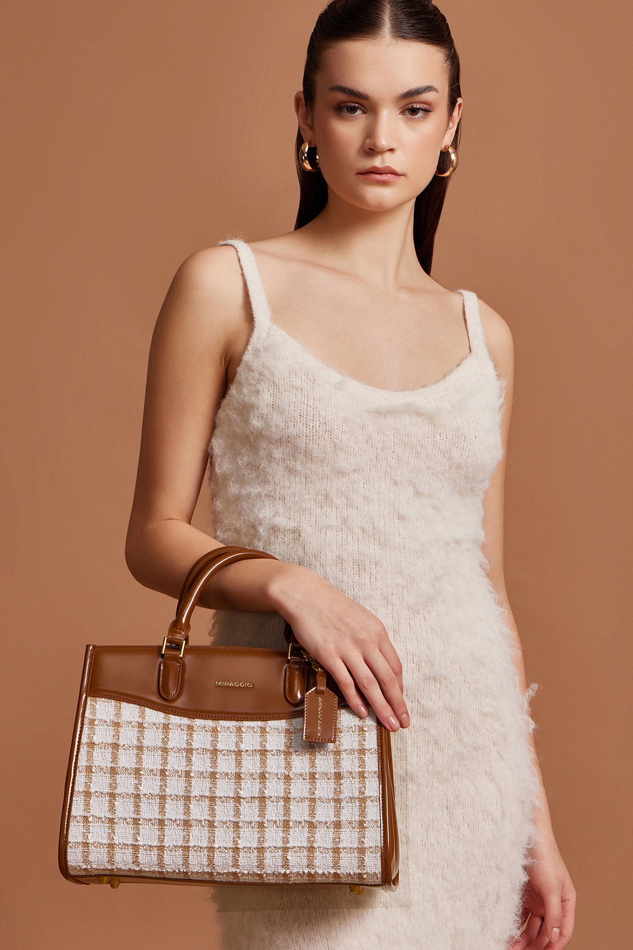 Brown Tweed & Faux Leather Regina Handbag Design by Miraggio at