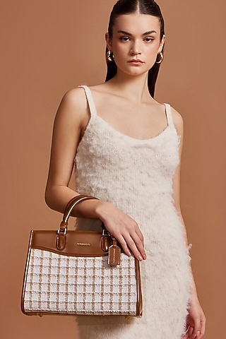 Brown Tweed & Faux Leather Regina Handbag by Miraggio