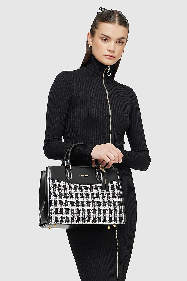 Black Tweed & Faux Leather Regina Handbag by Miraggio