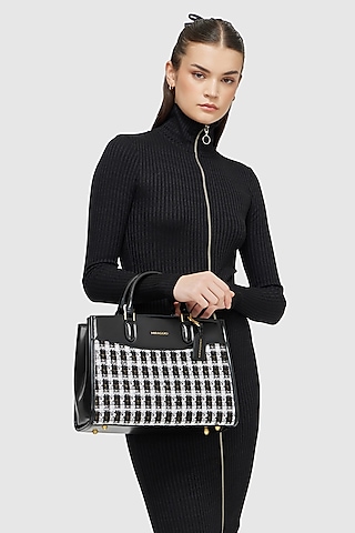 Black Tweed & Faux Leather Regina Handbag by Miraggio