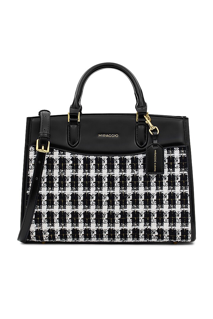 Black Tweed & Faux Leather Regina Handbag by Miraggio at Pernia's Pop Up Shop