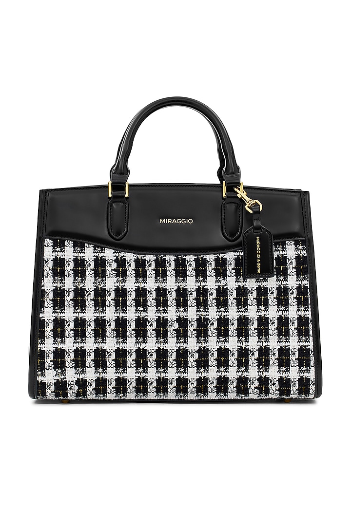 Black Tweed & Faux Leather Regina Handbag by Miraggio at Pernia's Pop Up Shop