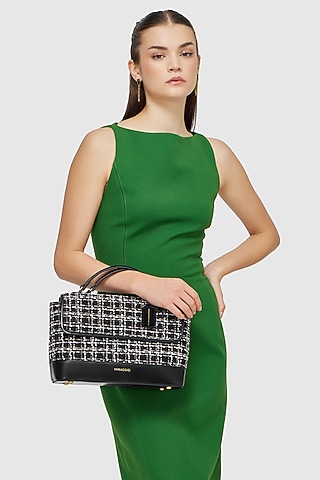 Black Tweed & Faux Leather Liviana Handbag by Miraggio