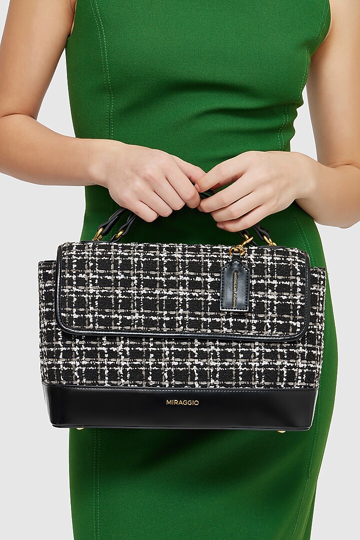 Black Tweed & Faux Leather Liviana Handbag by Miraggio at Pernia's Pop Up Shop