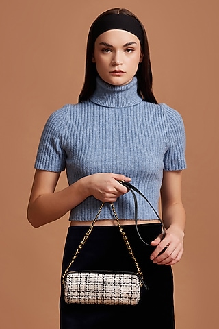 White Tweed & Faux Leather Nova Crossbody Bag by Miraggio