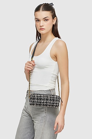 Black Tweed & Faux Leather Nova Crossbody Bag by Miraggio