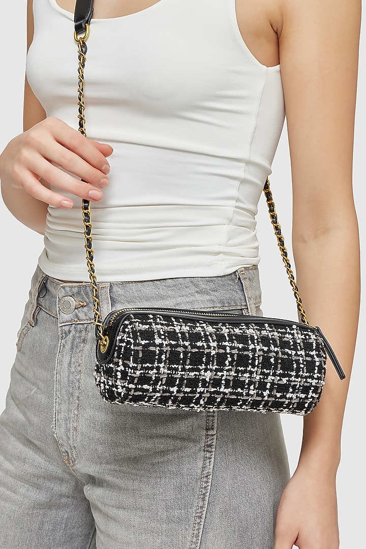 Black Tweed & Faux Leather Nova Crossbody Bag by Miraggio at Pernia's Pop Up Shop