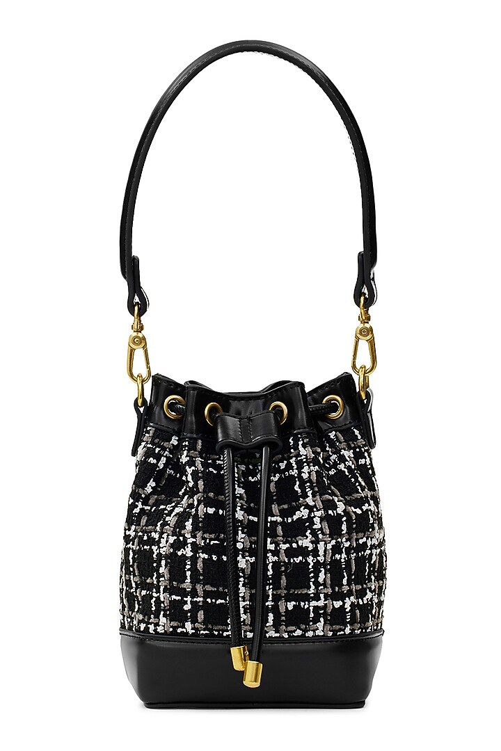 Black Tweed & Faux Leather Tiara Drawstring Handbag by Miraggio at Pernia's Pop Up Shop