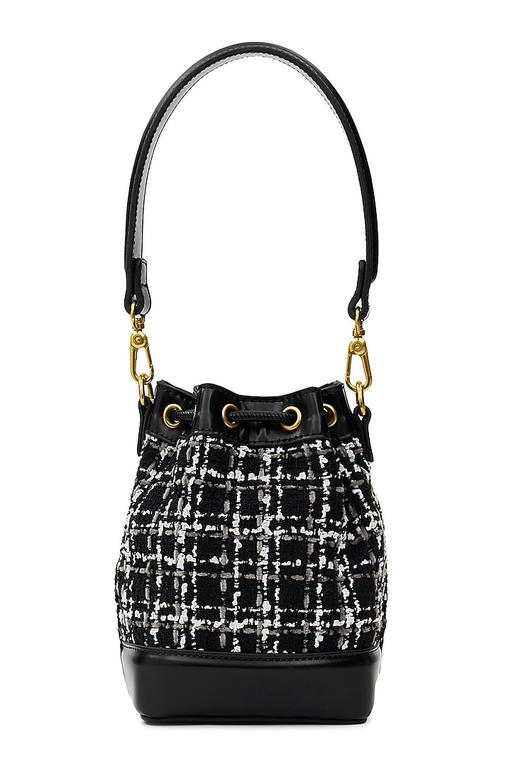 Black Tweed & Faux Leather Tiara Drawstring Handbag by Miraggio at Pernia's Pop Up Shop