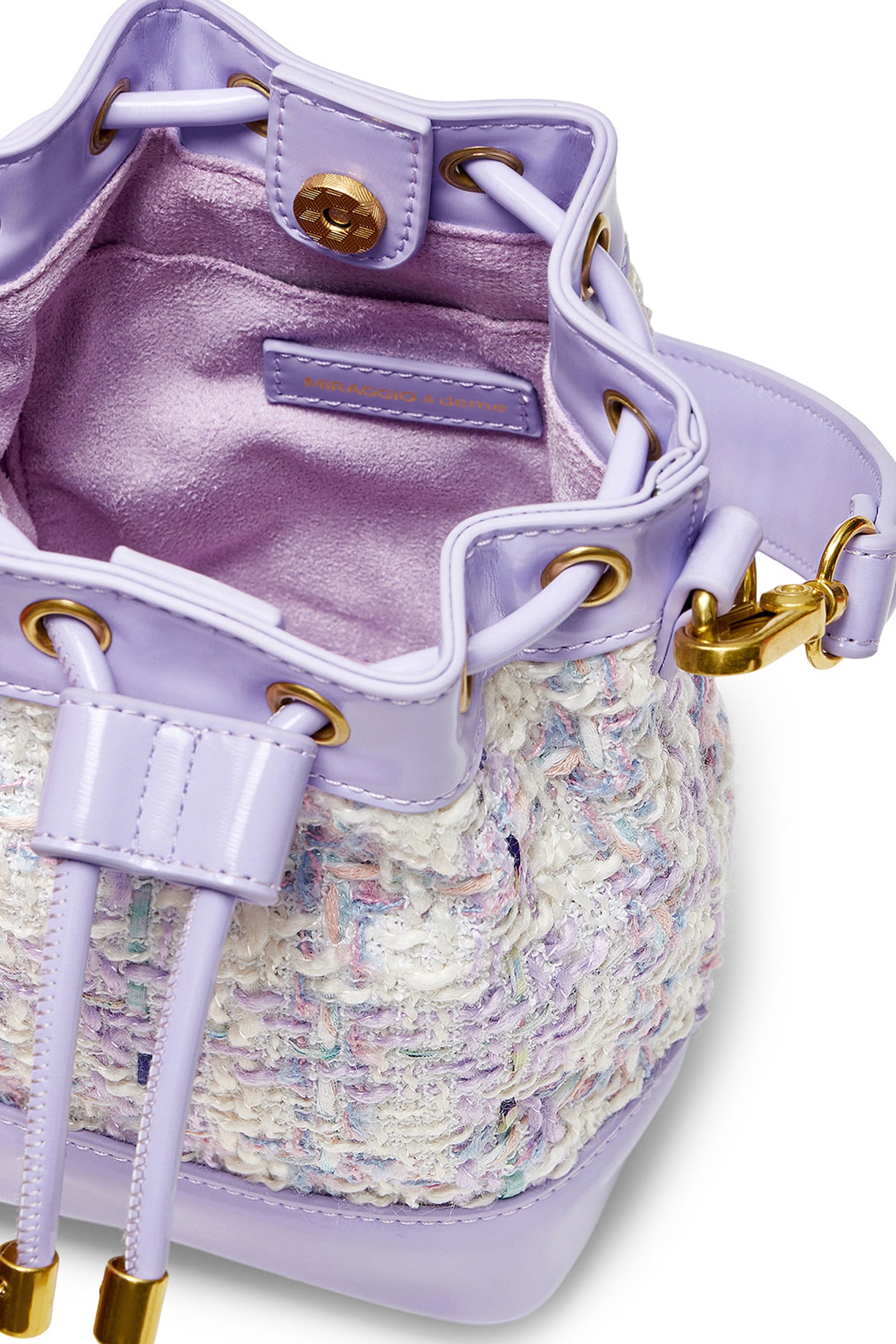 Purple Tweed Faux Leather Tiara Drawstring Handbag by Miraggio