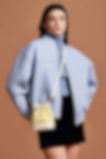 Yellow Tweed & Faux Leather Tiara Drawstring Handbag by Miraggio