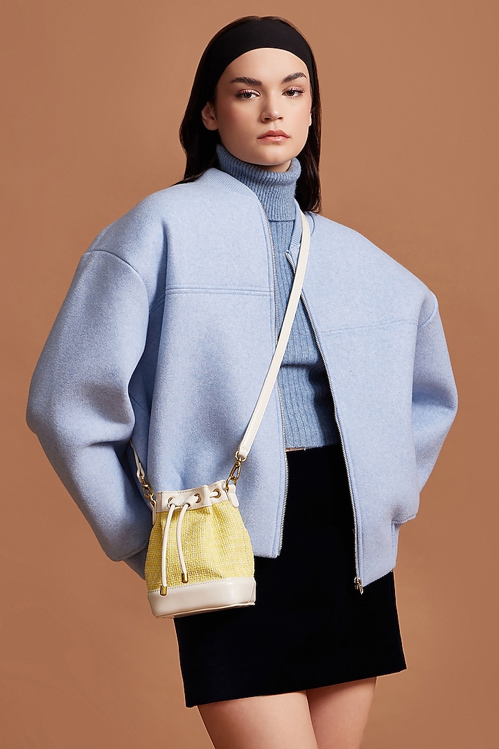 Yellow Tweed & Faux Leather Tiara Drawstring Handbag by Miraggio