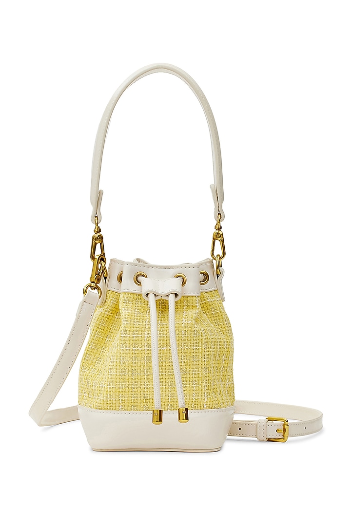 Yellow Tweed & Faux Leather Tiara Drawstring Handbag by Miraggio at Pernia's Pop Up Shop