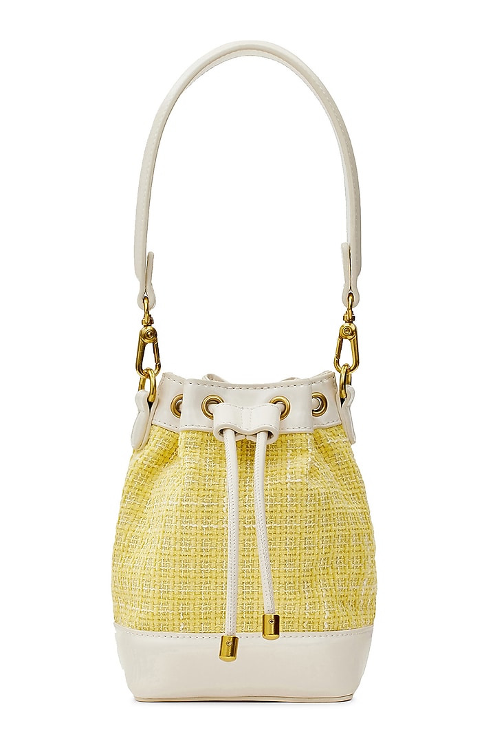 Yellow Tweed & Faux Leather Tiara Drawstring Handbag by Miraggio at Pernia's Pop Up Shop
