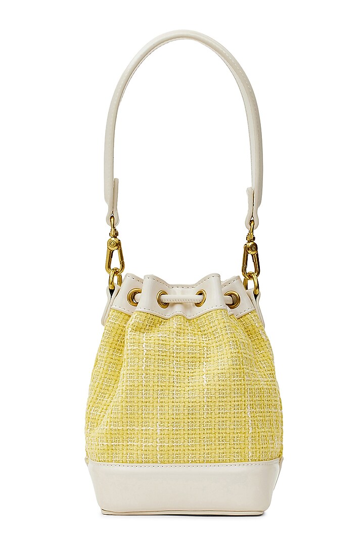 Yellow Tweed & Faux Leather Tiara Drawstring Handbag by Miraggio at Pernia's Pop Up Shop
