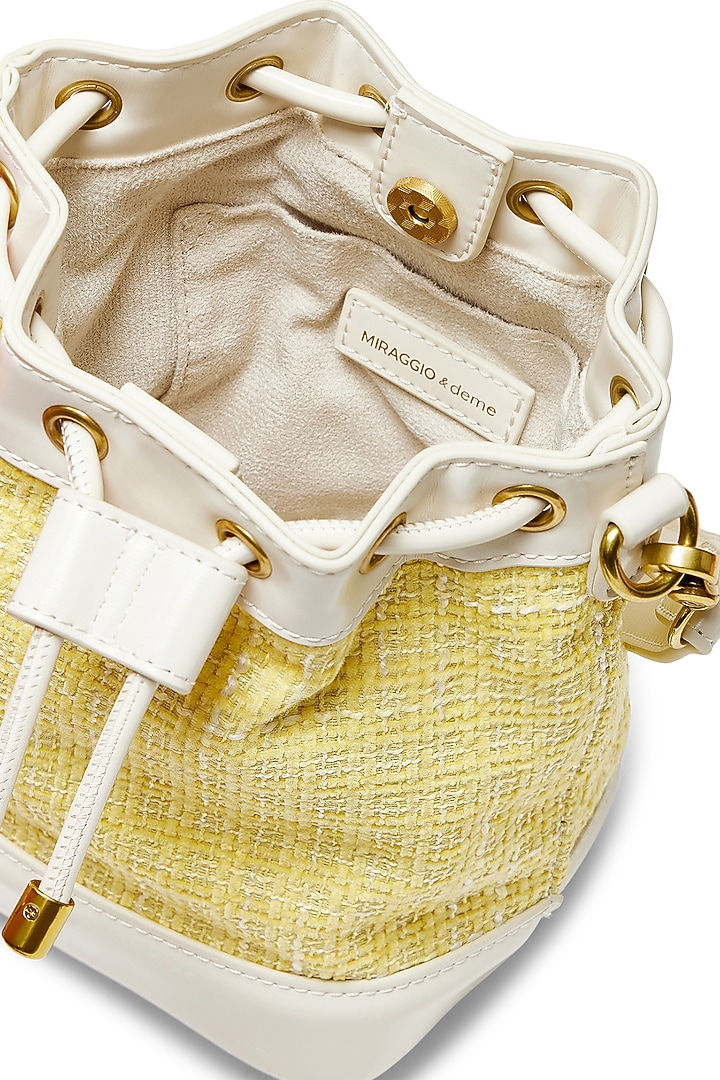 Yellow Tweed & Faux Leather Tiara Drawstring Handbag by Miraggio at Pernia's Pop Up Shop