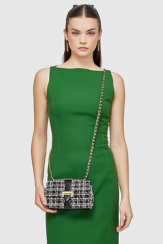 Black Tweed & Faux Leather Estelle Sling Bag by Miraggio