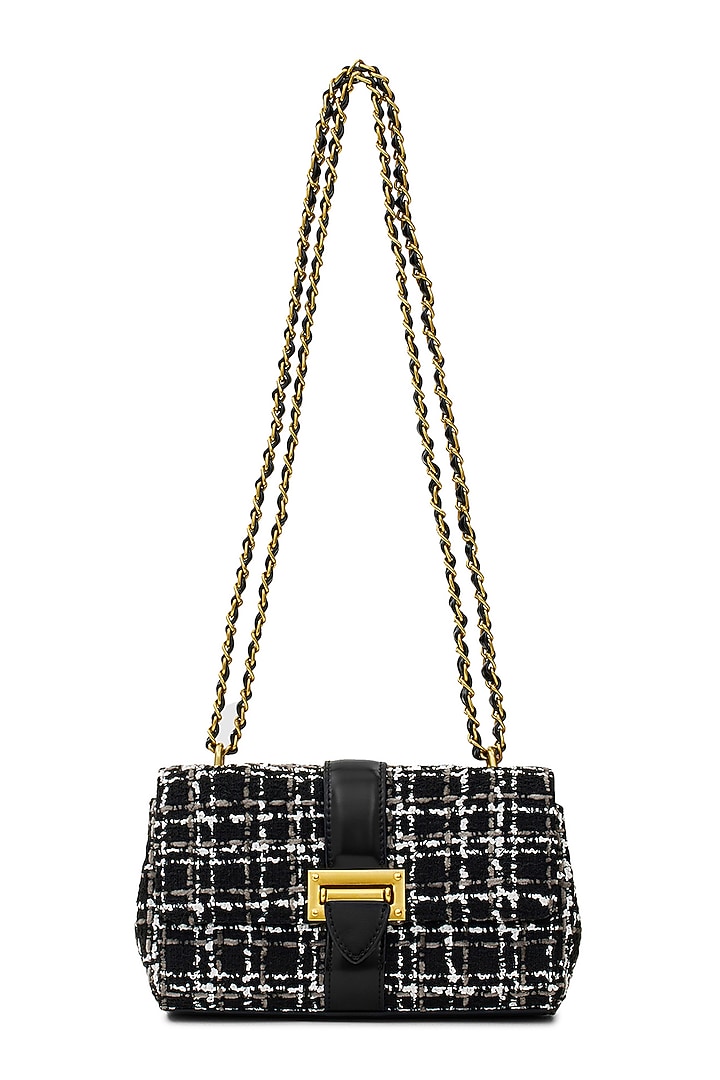 Black Tweed & Faux Leather Estelle Sling Bag by Miraggio at Pernia's Pop Up Shop