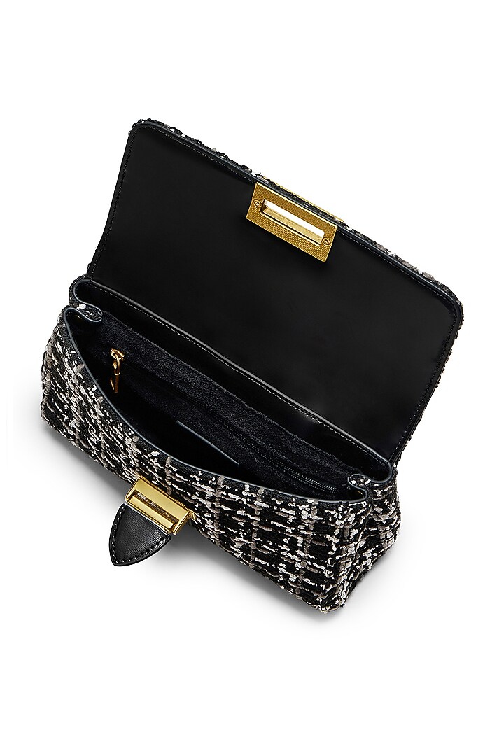Black Tweed & Faux Leather Estelle Sling Bag by Miraggio at Pernia's Pop Up Shop