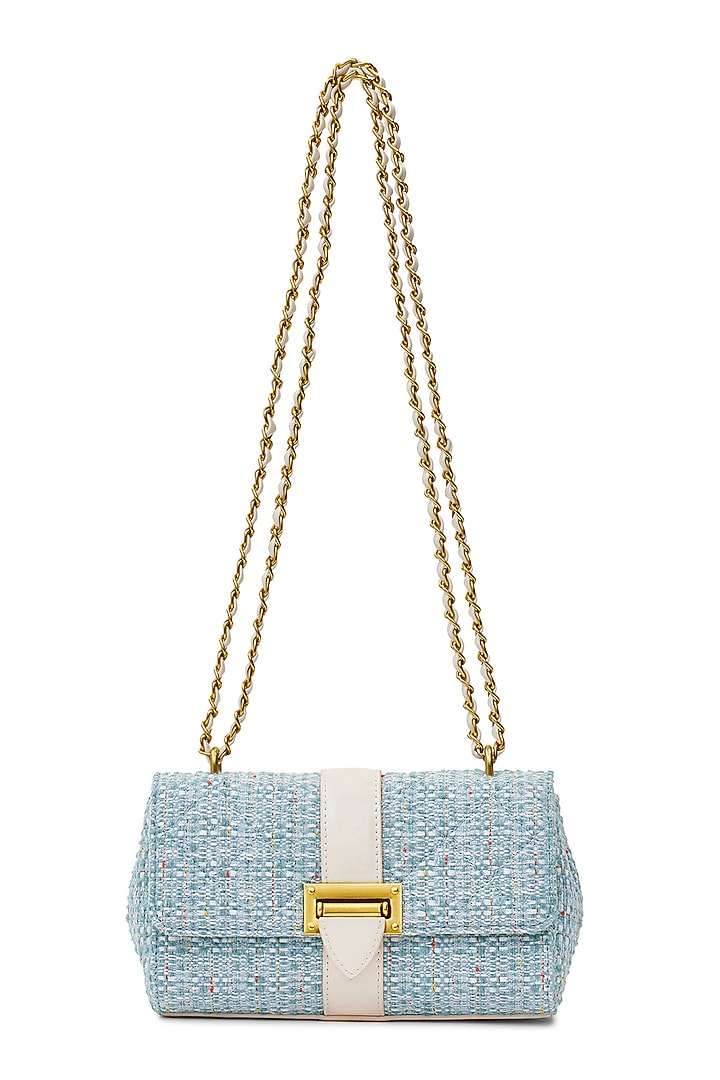 Blue Tweed & Faux Leather Estelle Sling Bag by Miraggio at Pernia's Pop Up Shop