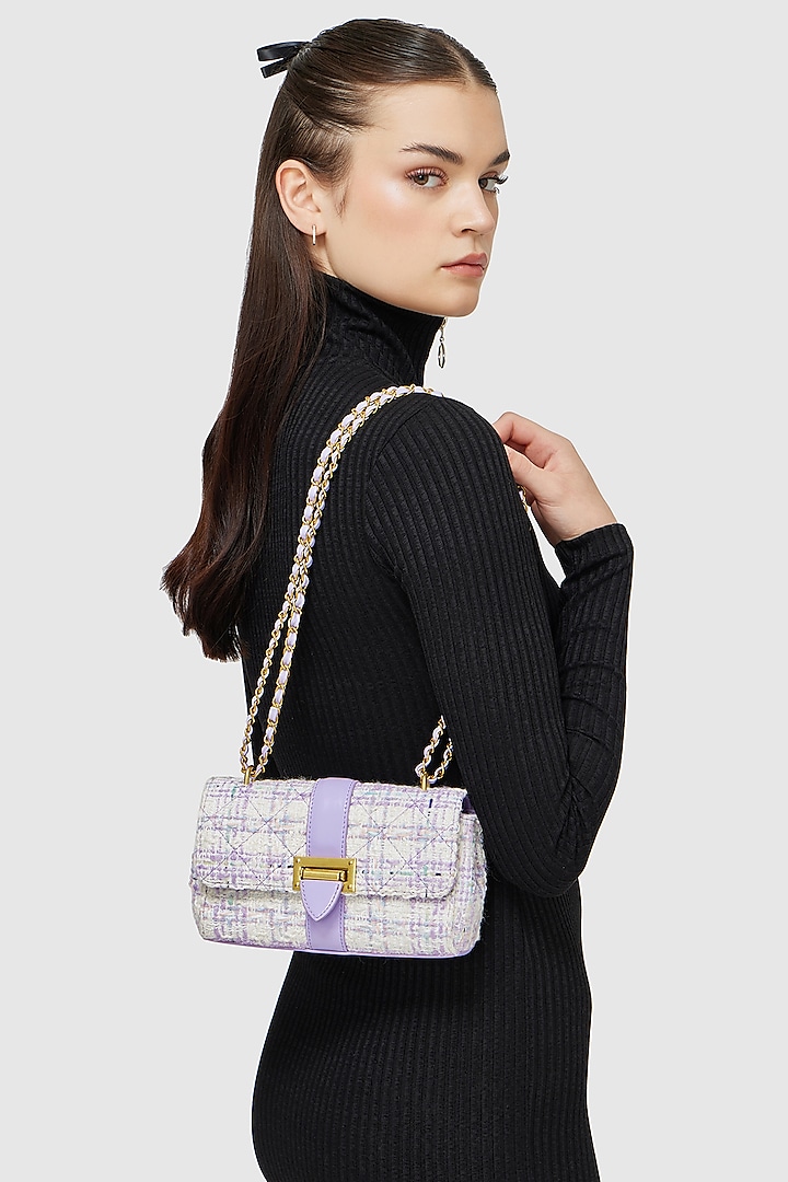 Purple Tweed & Faux Leather Estelle Sling Bag by Miraggio