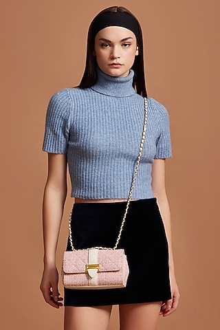 Pink Tweed & Faux Leather Estelle Sling Bag by Miraggio