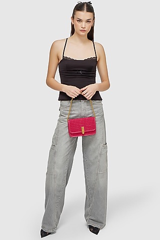 Pink Tweed & Faux Leather Sling Bag by Miraggio