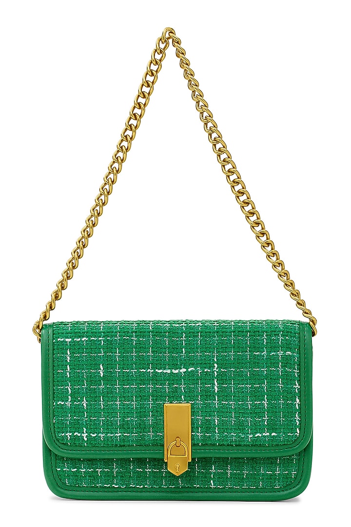 Green Tweed & Faux Leather Sling Bag by Miraggio at Pernia's Pop Up Shop