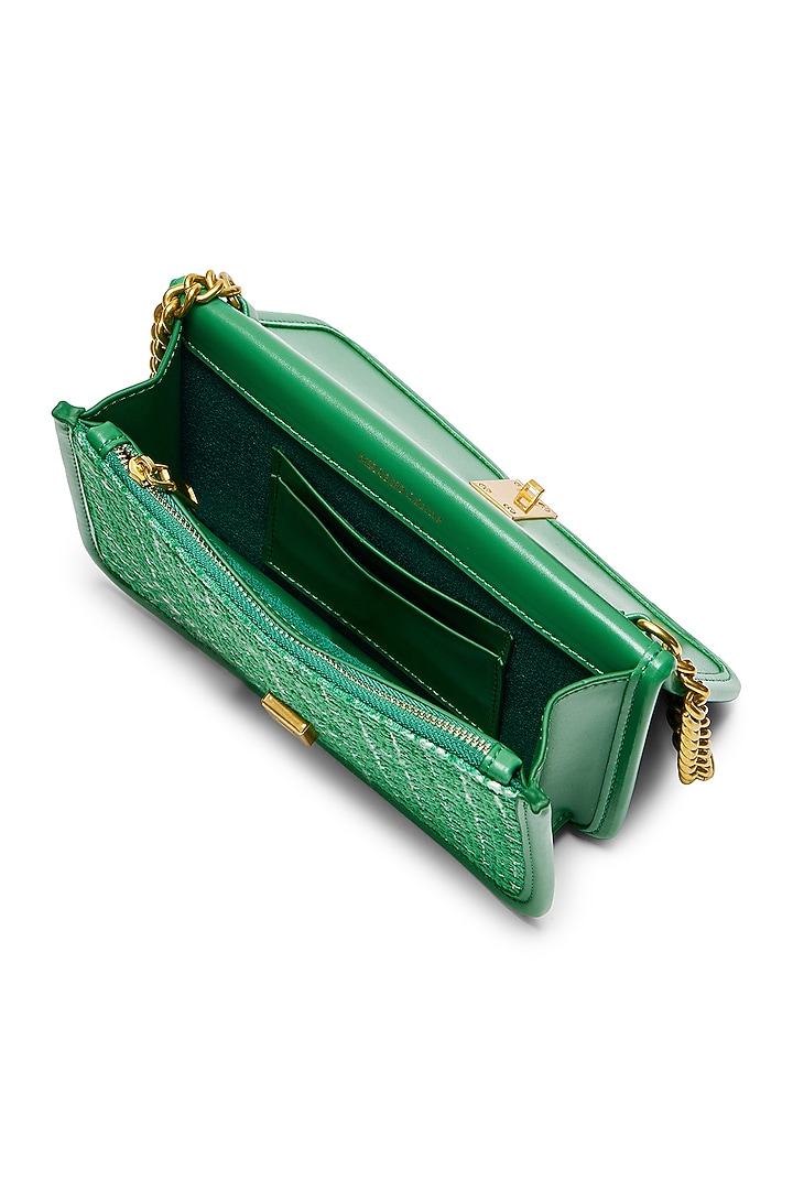 Green Tweed & Faux Leather Sling Bag by Miraggio at Pernia's Pop Up Shop
