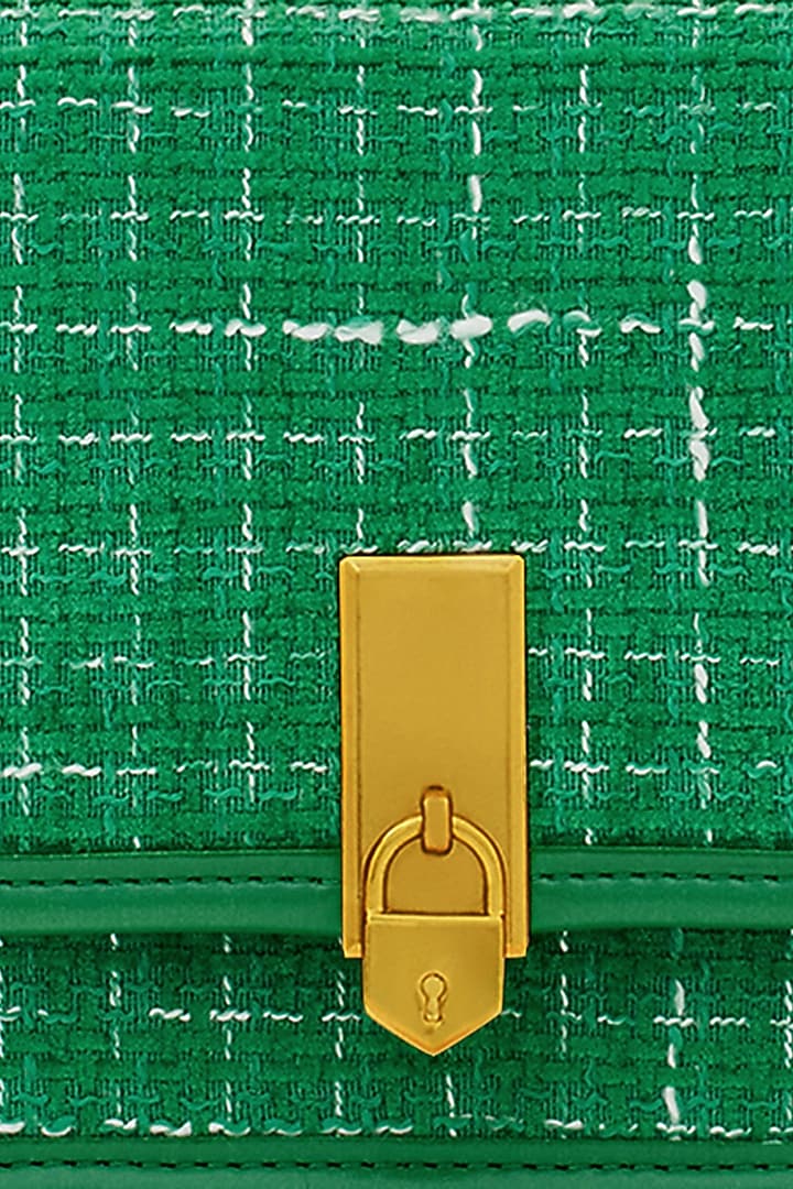 Green Tweed & Faux Leather Sling Bag by Miraggio at Pernia's Pop Up Shop