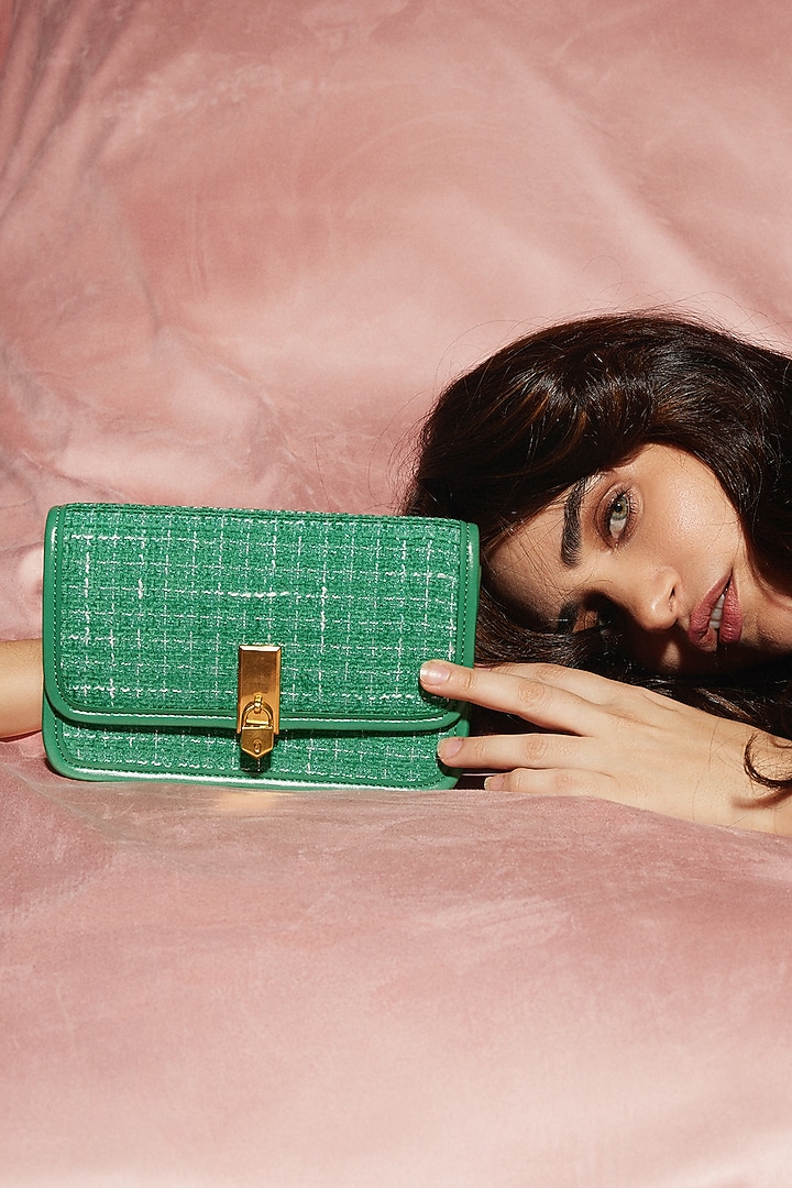 Green Tweed & Faux Leather Sling Bag by Miraggio at Pernia's Pop Up Shop