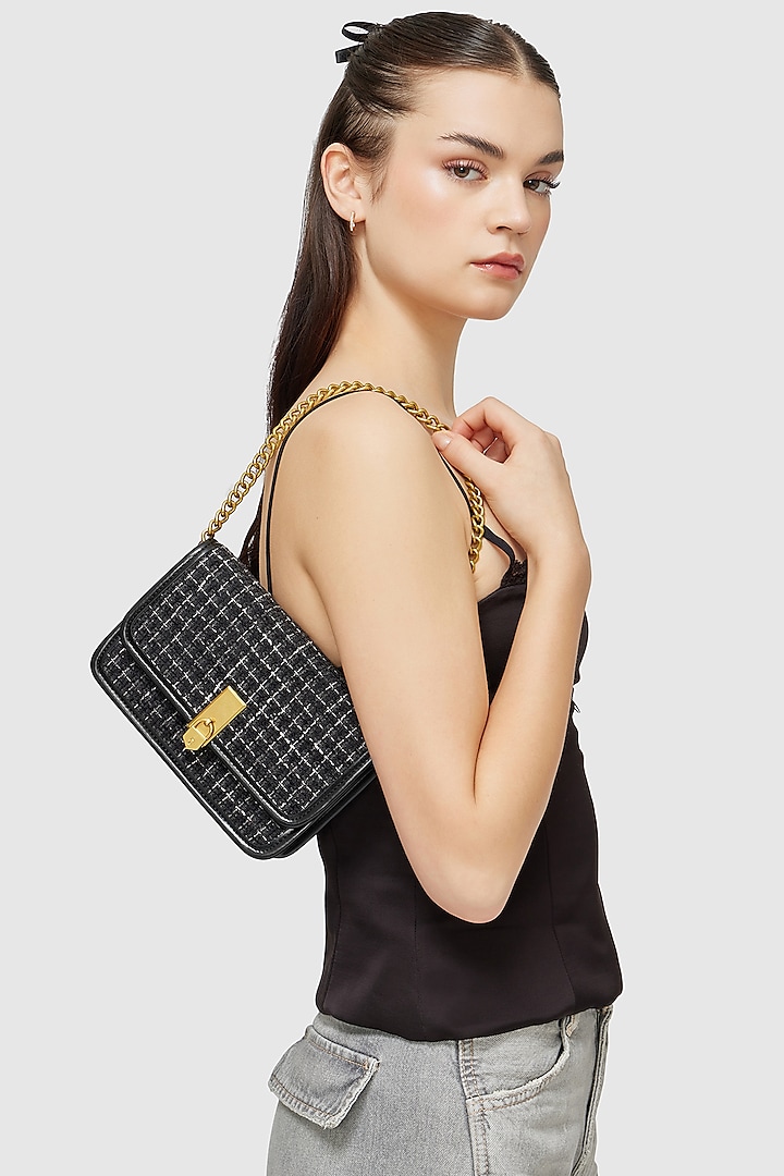 Black Tweed & Faux Leather Sling Bag by Miraggio