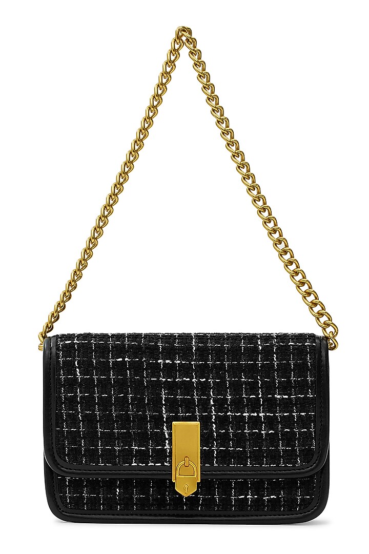 Black Tweed & Faux Leather Sling Bag by Miraggio at Pernia's Pop Up Shop
