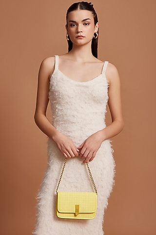 Yellow Tweed & Faux Leather Sling Bag by Miraggio