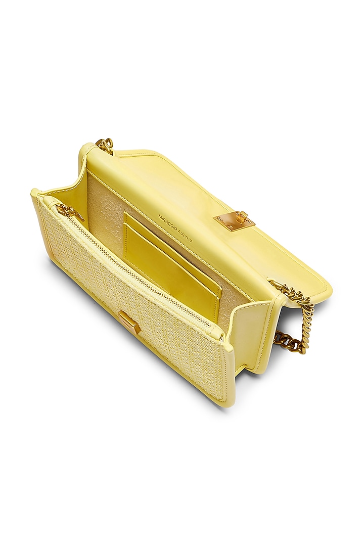 Yellow Tweed & Faux Leather Sling Bag by Miraggio at Pernia's Pop Up Shop